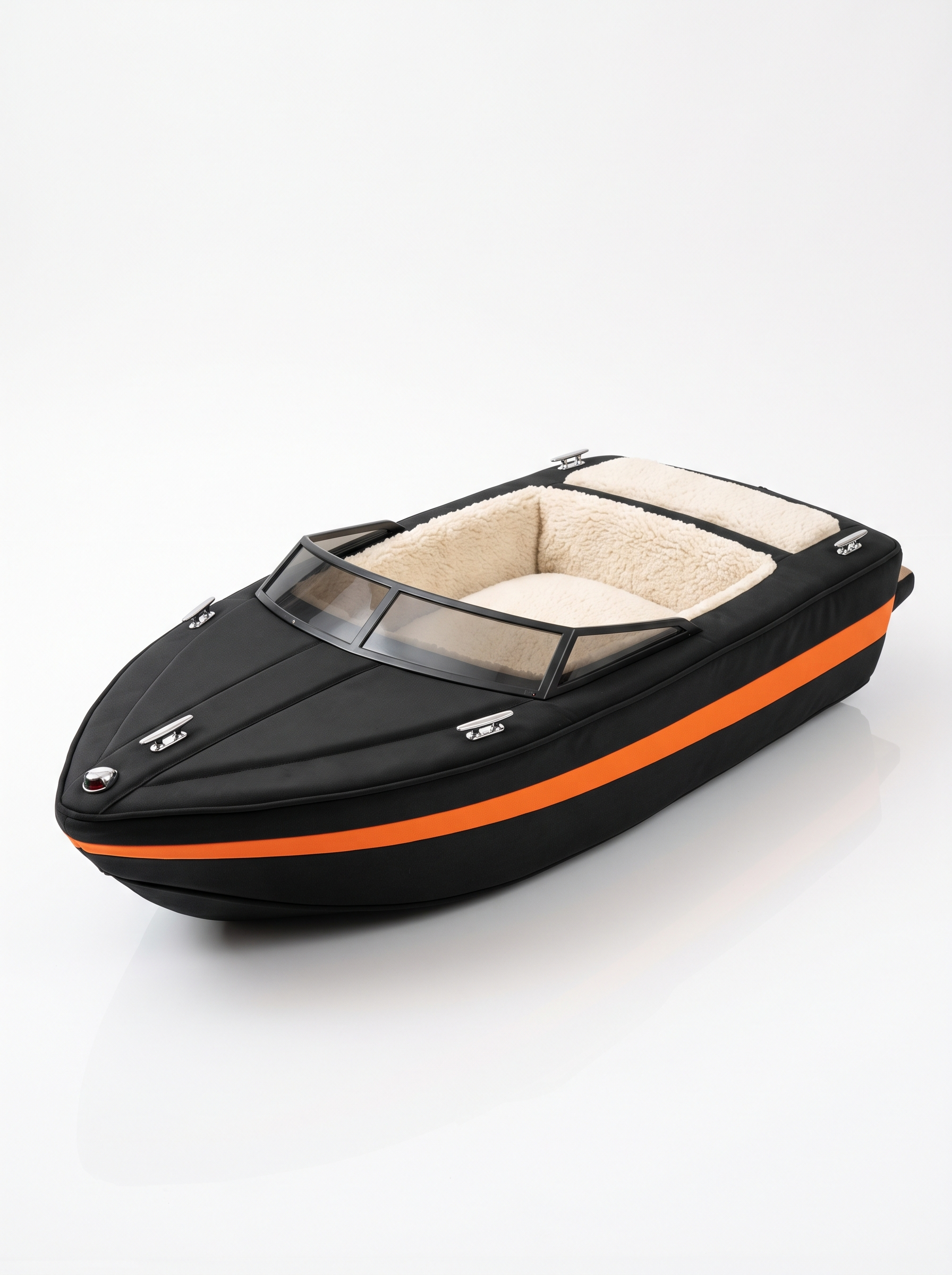 Track Edition yacht-shaped plush dog bed, matte black with orange stripe