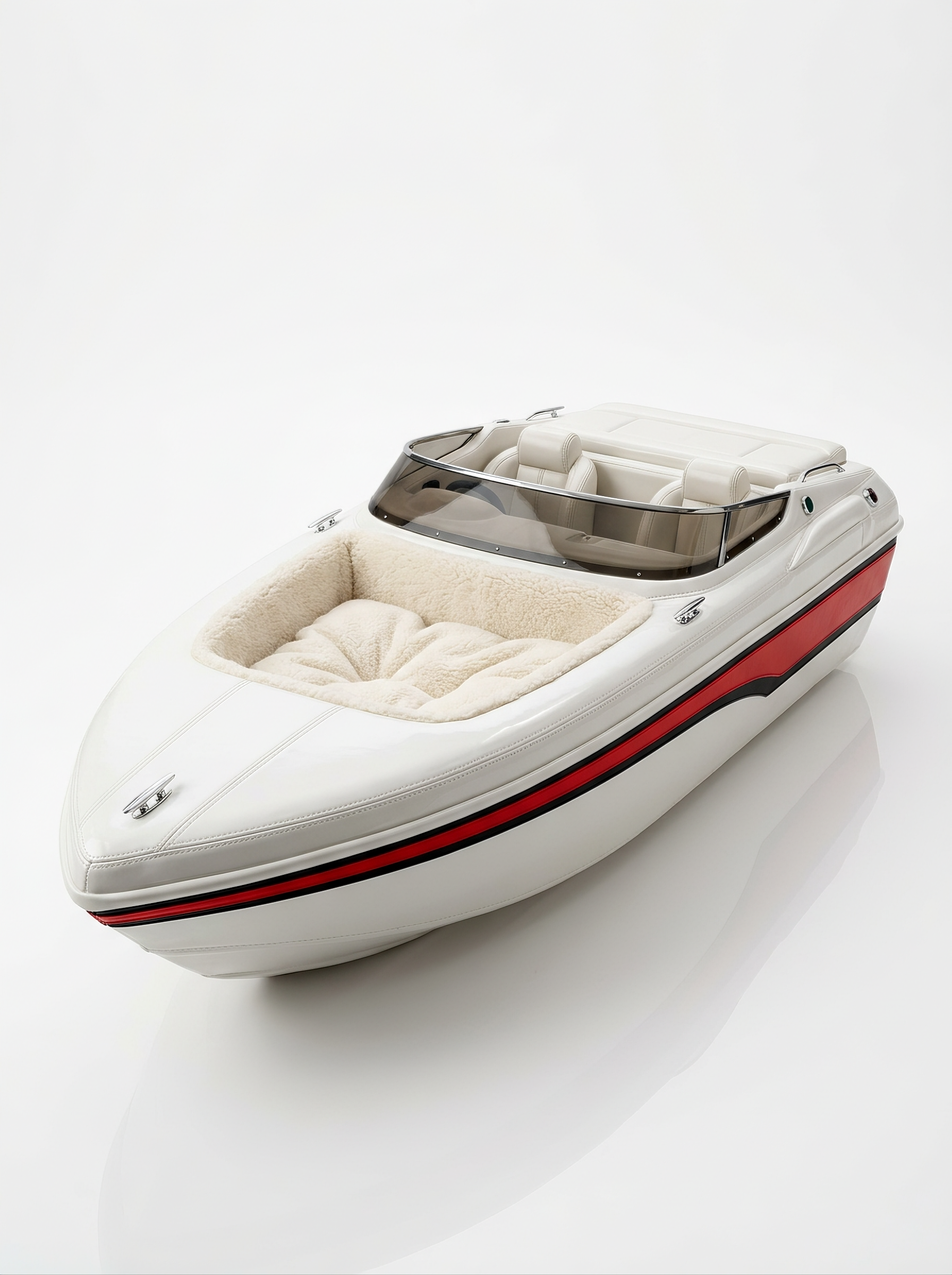 Speedboat-shaped plush dog bed, white with red and black stripe