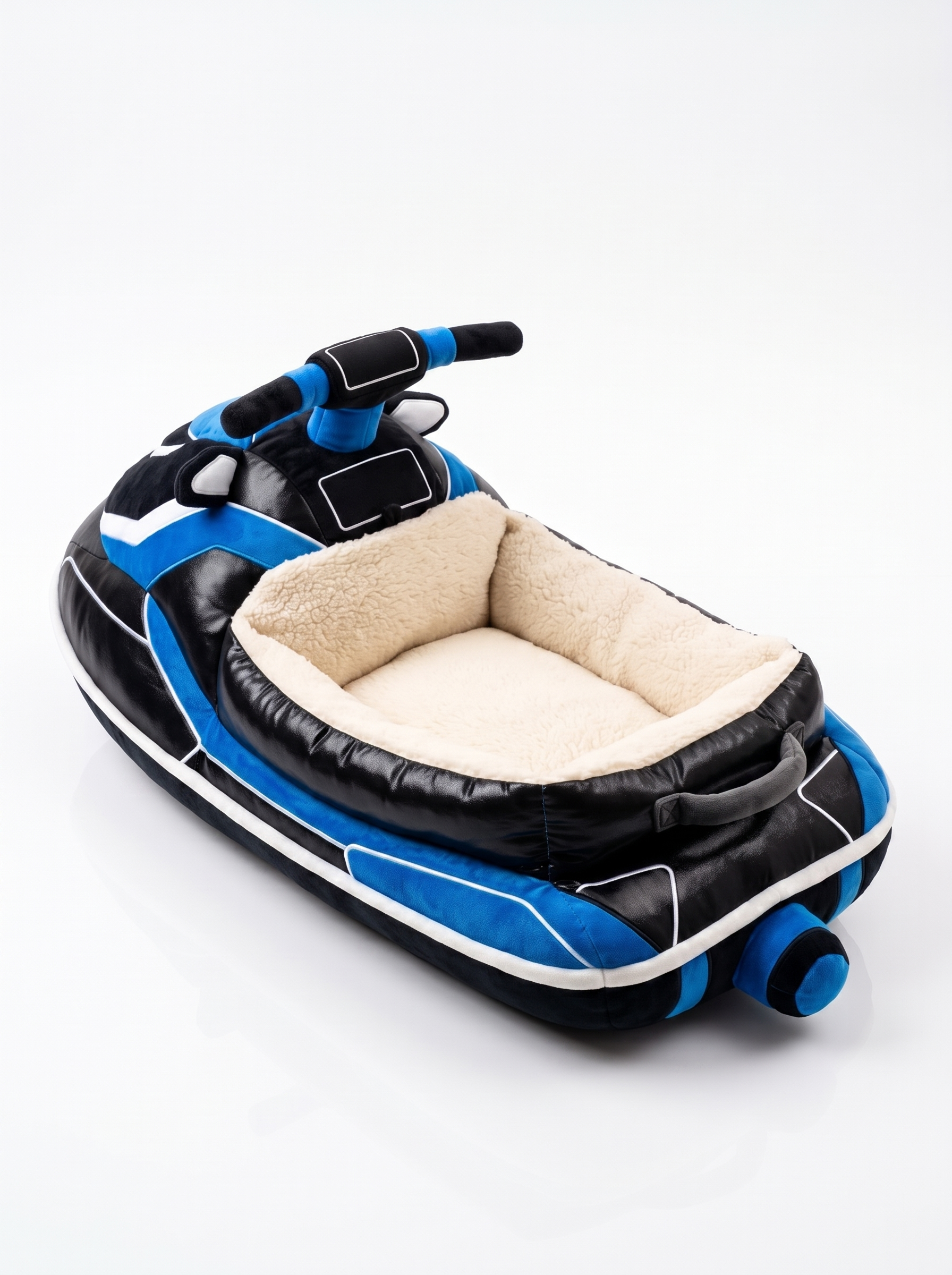 Jet ski-shaped plush dog bed, black and blue